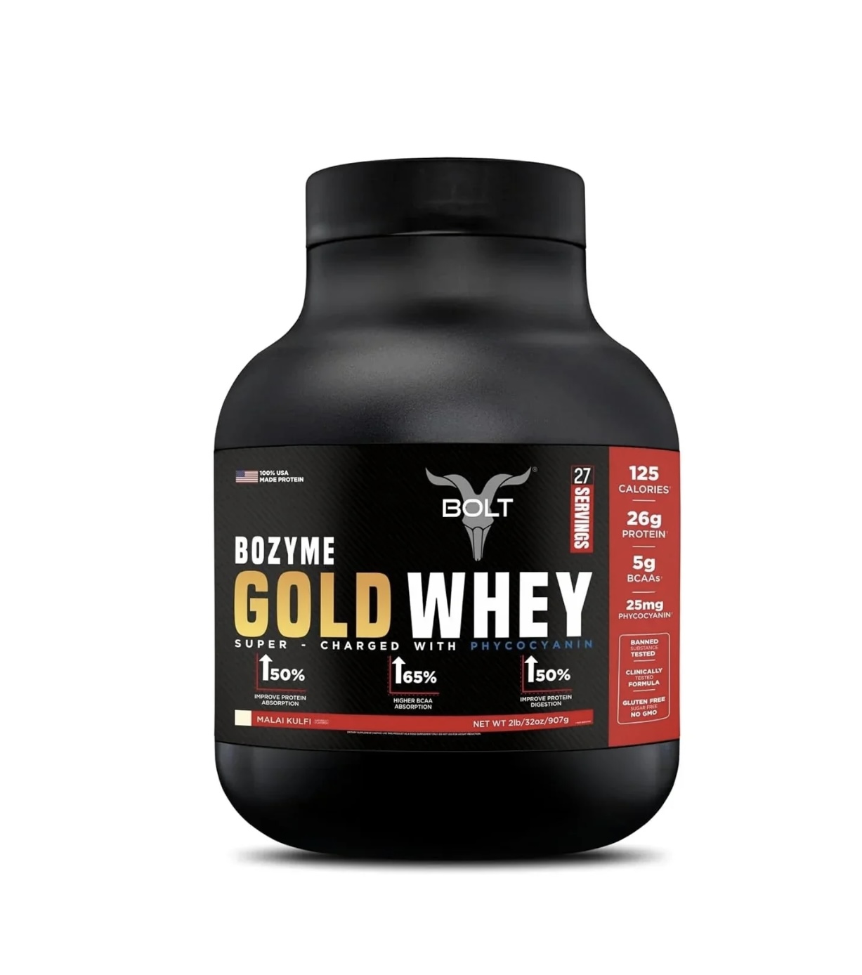 Bolt Nutrition Bozyme Gold Whey Protein Powder | High Protein & BCAA Content | 2lb, 27 Servings