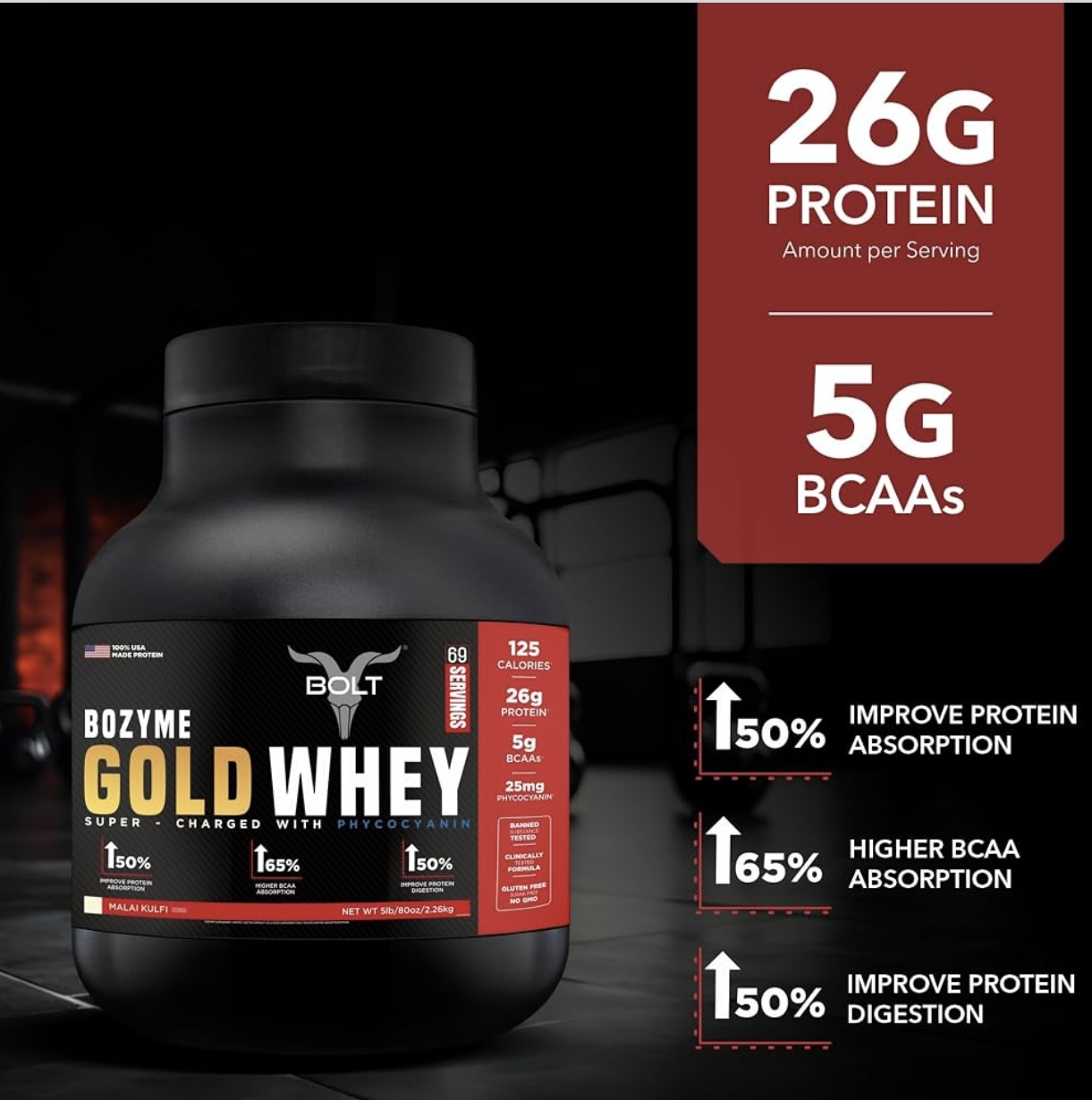 Bolt Nutrition Bolt Nutrition Bozyme Gold Whey Protein Powder | High Protein & BCAA Content | 5lb, 69 Servings
