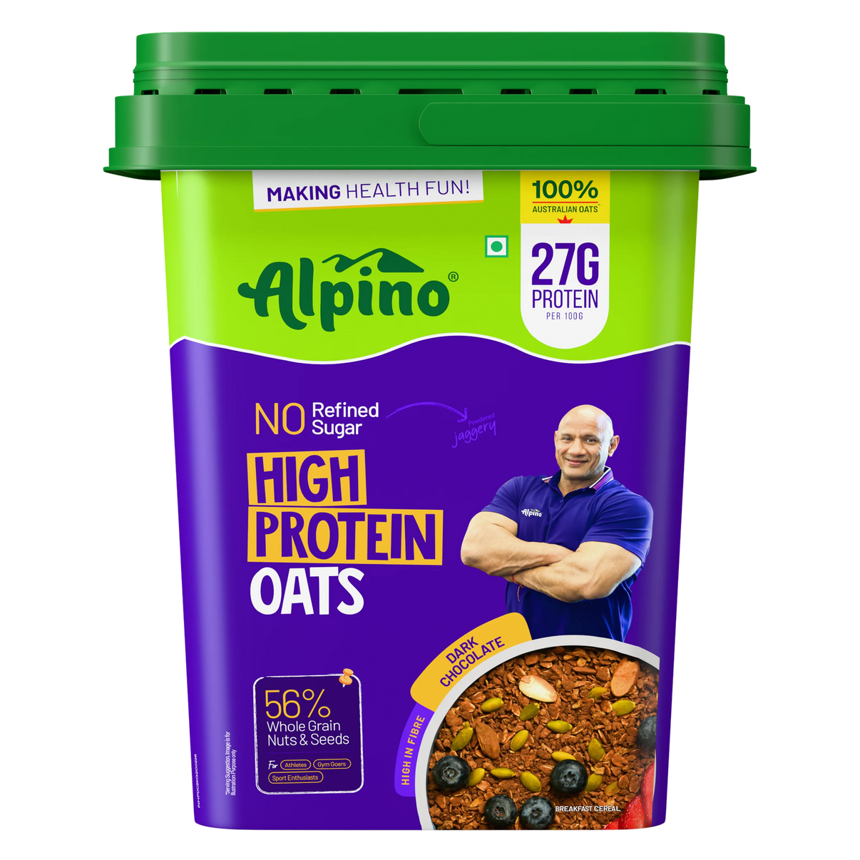 ALPINO 27% High Protein Oats Dark Chocolate 2 kg – Rolled Oats, Protein Blend, Jaggery Powder, Cocoa Powder, Nuts & Seeds – 27g Protein, Source of Dietary Fibre & Healthy Fats, No Refined Sugar & Salt
