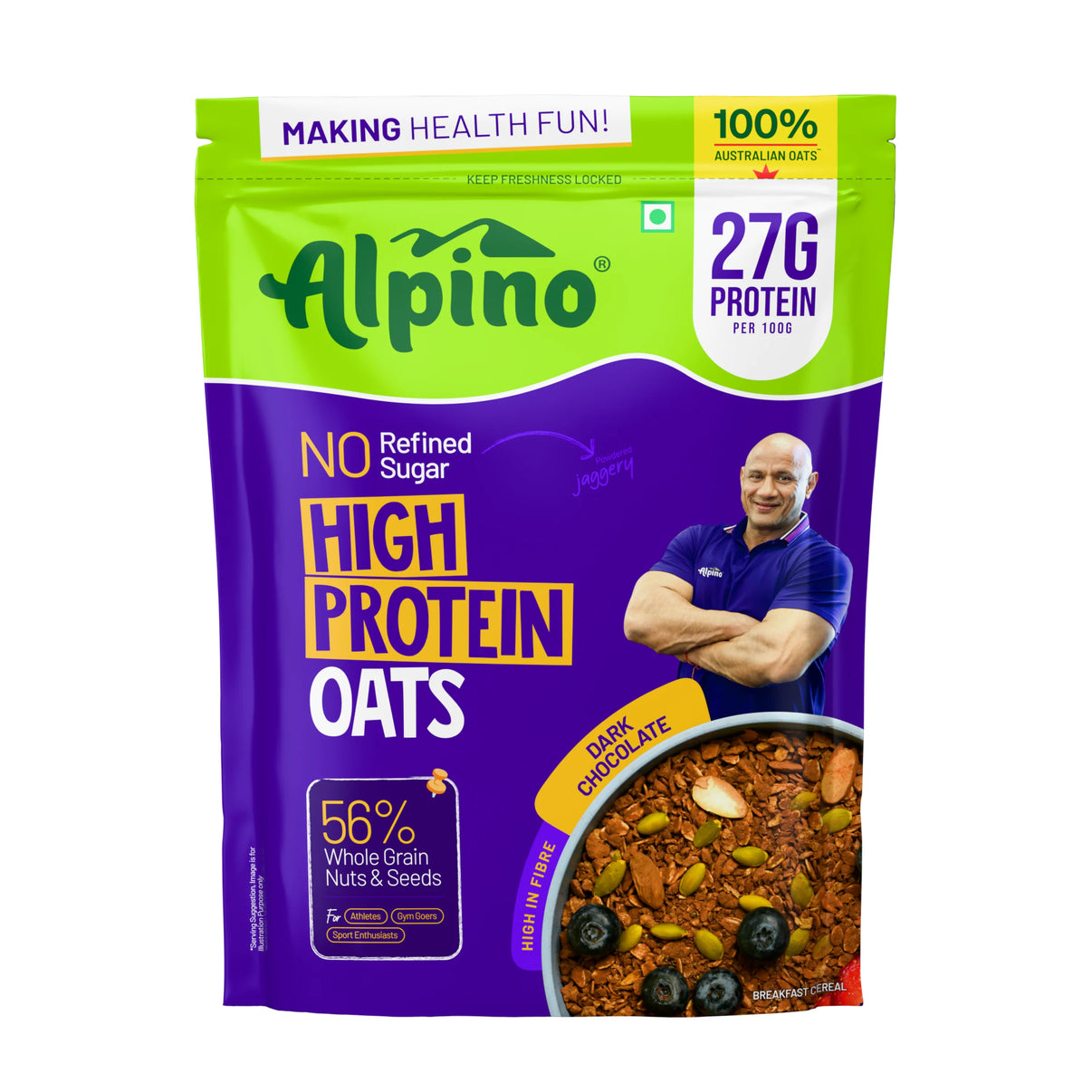 ALPINO 27% High Protein Oats Dark Chocolate 1 kg – Rolled Oats, Protein Blend, Jaggery Powder, Cocoa Powder, Nuts & Seeds – 27g Protein, Source of Dietary Fibre & Healthy Fats, No Refined Sugar & Salt