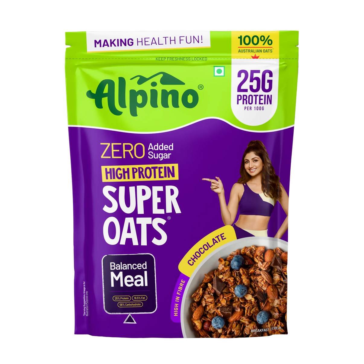 ALPINO 25g High Protein Super Oats Chocolate 1kg - Rolled Oats, Natural Peanut Butter, Cocoa Powder, Nuts & Seeds - Source of Dietary Fibre & Healthy Fats, No Added Sugar & Salt