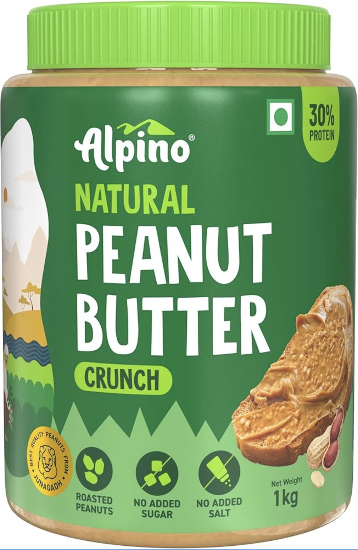 ALPINO Natural Peanut Butter Crunch 1kg - 100% Roasted Peanuts - 30g Protein, No Added Sugar & Salt, non-GMO, Gluten Free, Vegan – Plant Based, Unsweetened Peanut Butter Crunchy