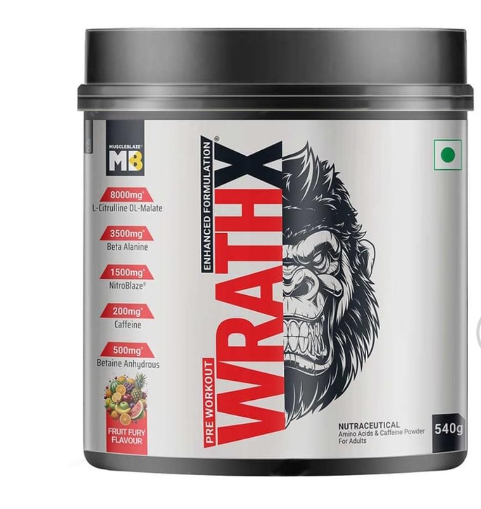 MuscleBlaze Pre Workout WrathX Powder (Natty Berries, 540g) | With Creapure, NitroBlaze & BioPerine