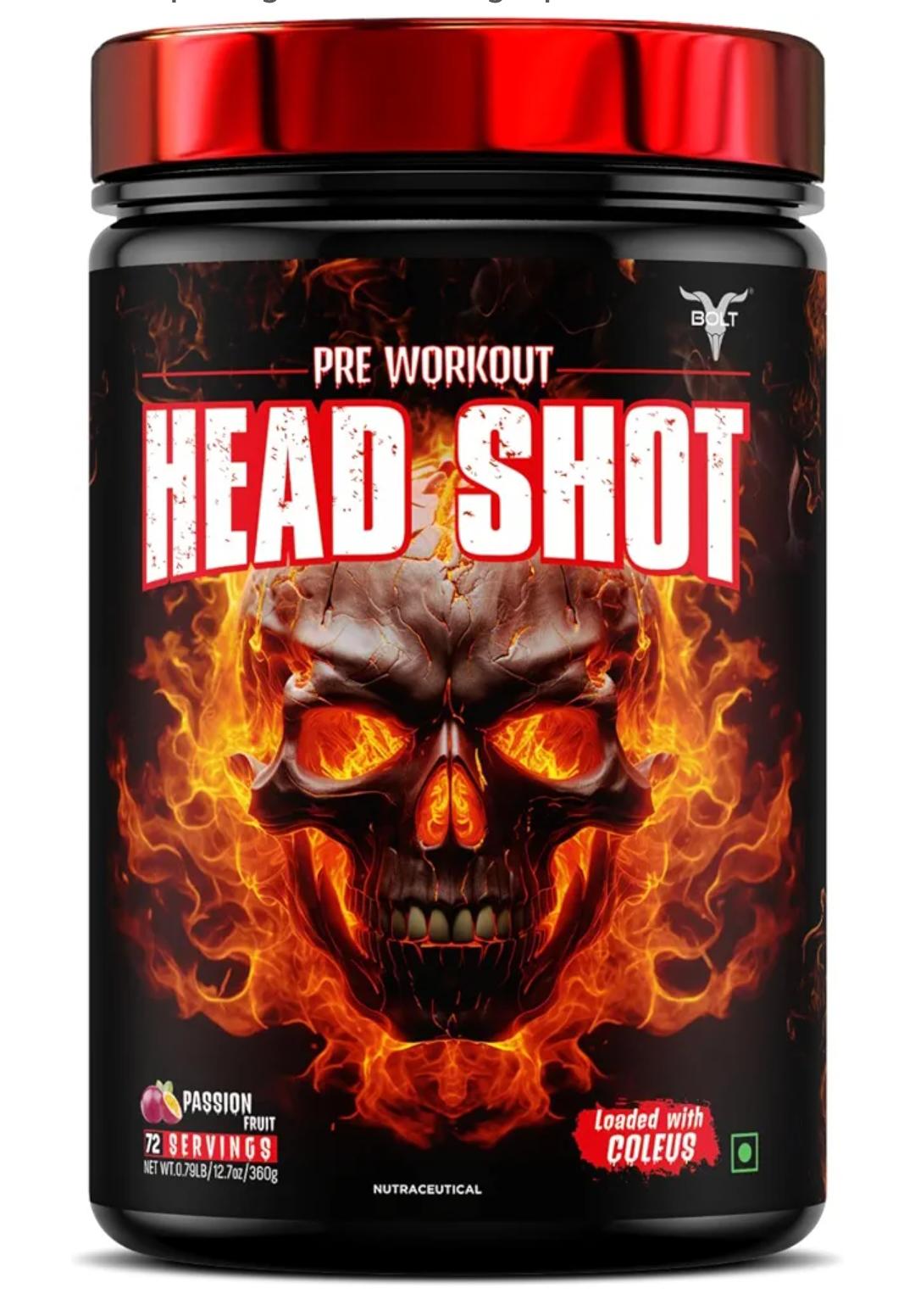 Bolt Head Shot Pre-Workout | Passion Fruit Extreme Energy Boost| Intense Muscle Pump & Focus | Zero Sugar, Zero Fat | Gym Performance Booster | 360 gm (72 Servings) |