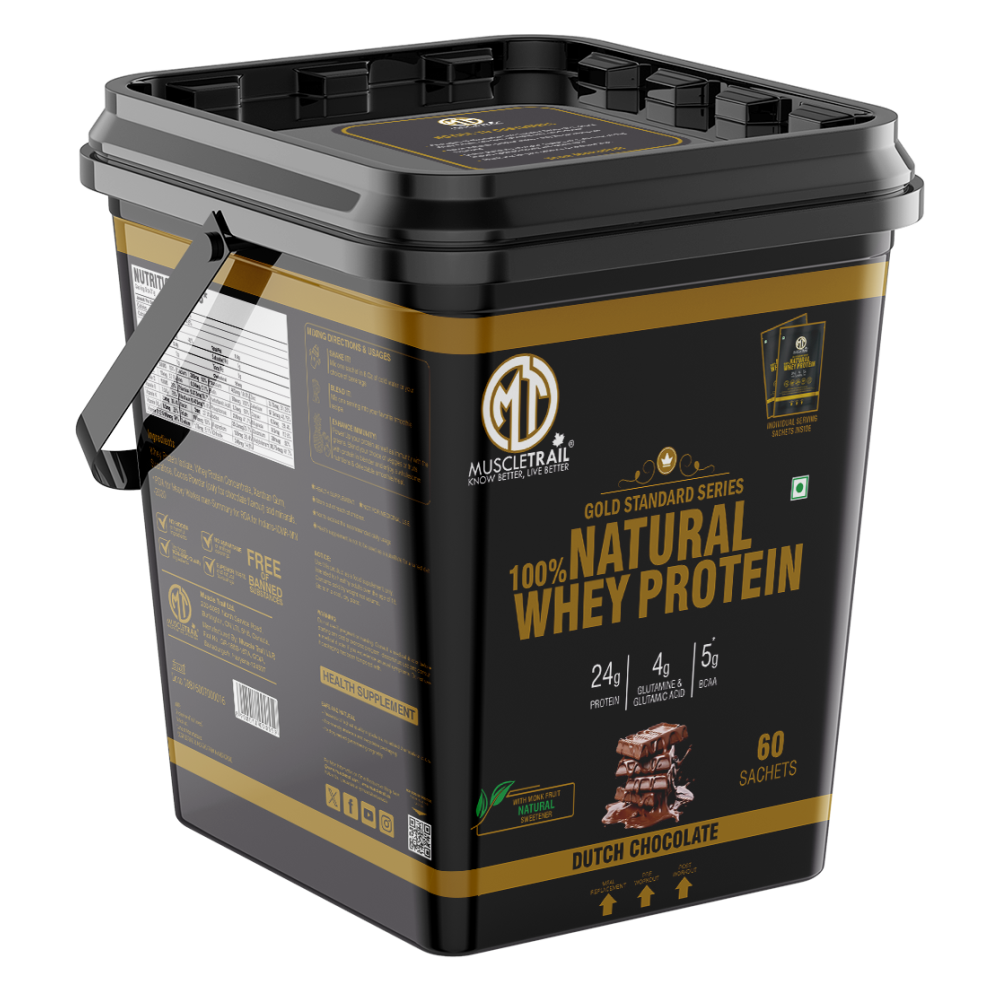 Muscle Trail Gold Standard Series 100% Natural Whey Protein|24g Protein|60 Individual Sachets Whey Protein (1.86 kg, Dutch Chocolate)