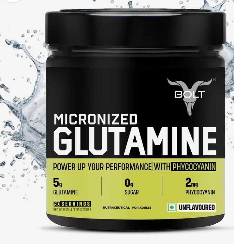Bolt Nutrition Pure L-Glutamine Powder,5g Glutamine, 50 Servings - Post Workout Supplement for Muscle Growth & Recovery - 250g, Unflavoured
