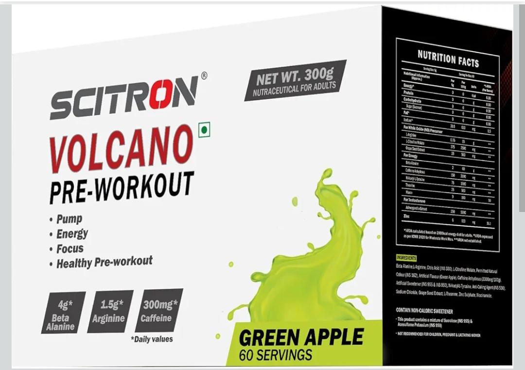 Scitron Volcano Pre Workout 300g - (60 Servings | 4g Beta Alanine | 1.5g Arginine | 300mg Caffeine | 0g Sugar | Boost Energy & Focus| Healthy Pre-workout