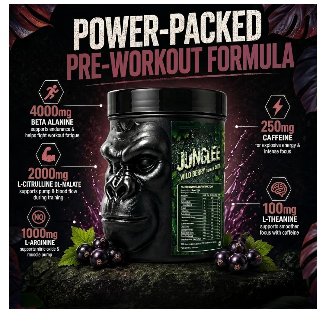 Absolute Nutrition Junglee Pre-Workout Powder | 250mg Caffeine | Beta-Alanine, L-Citrulline & L-Theanine | Gluten Free | 30 Servings | 300g