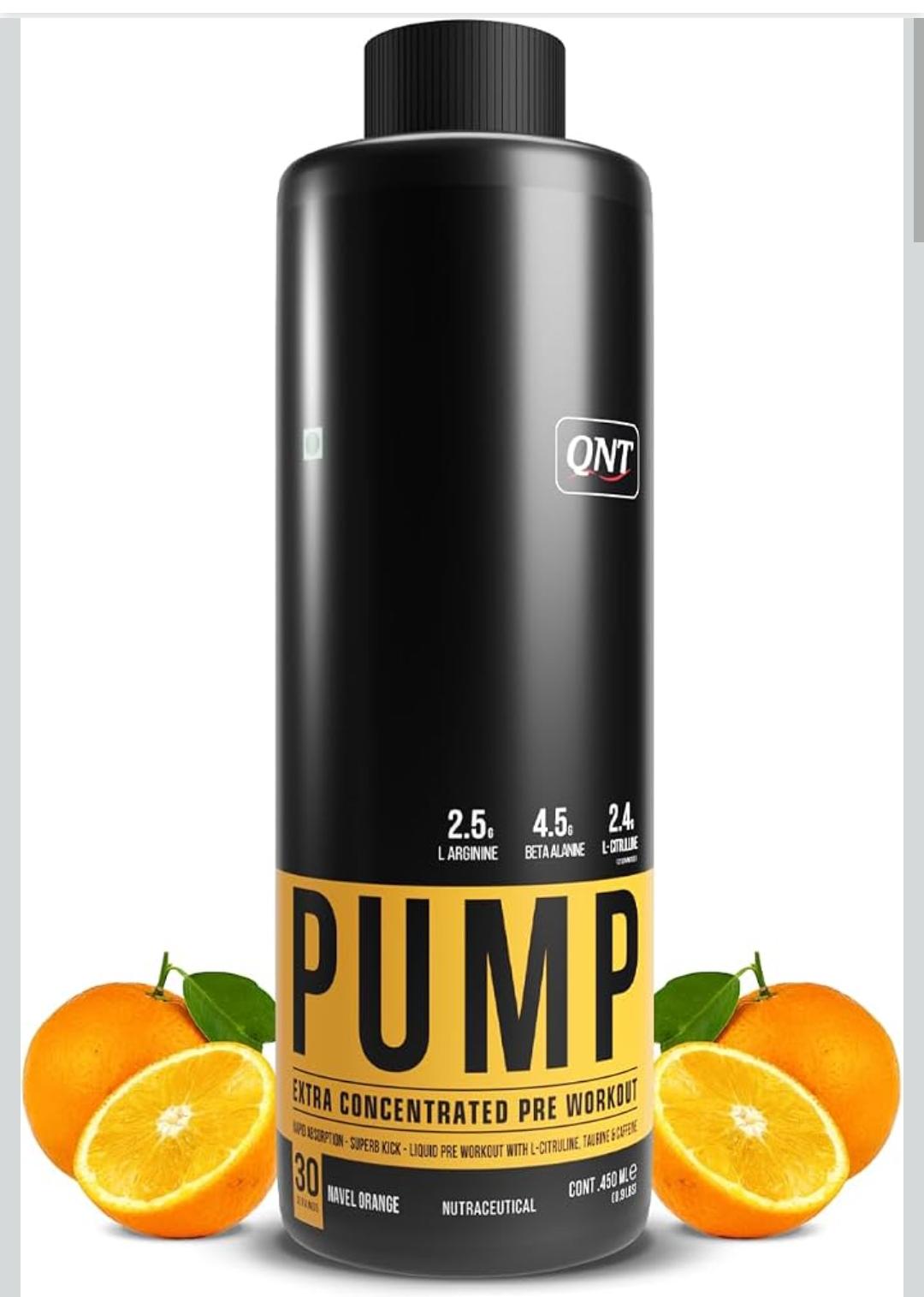 QNT PUMP Explosive Liquid Pre-Workout | Orange Flavor, 450 ML | 30 Servings | Pre Workout drink for men & women