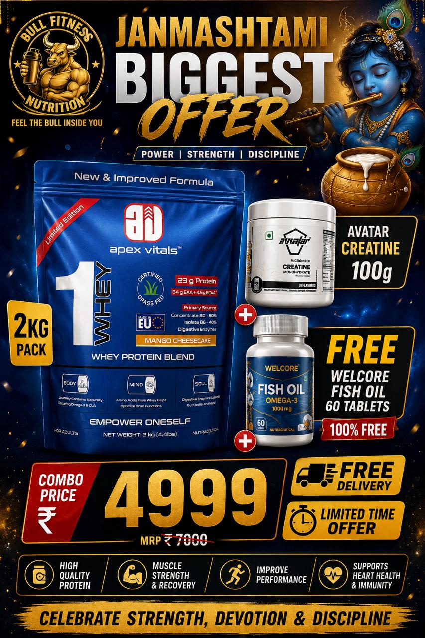 Apex vital blend whey 2 kg+ avvatar creatine 100 gm + wellcore 1X fish oil 60 tab combo deal
