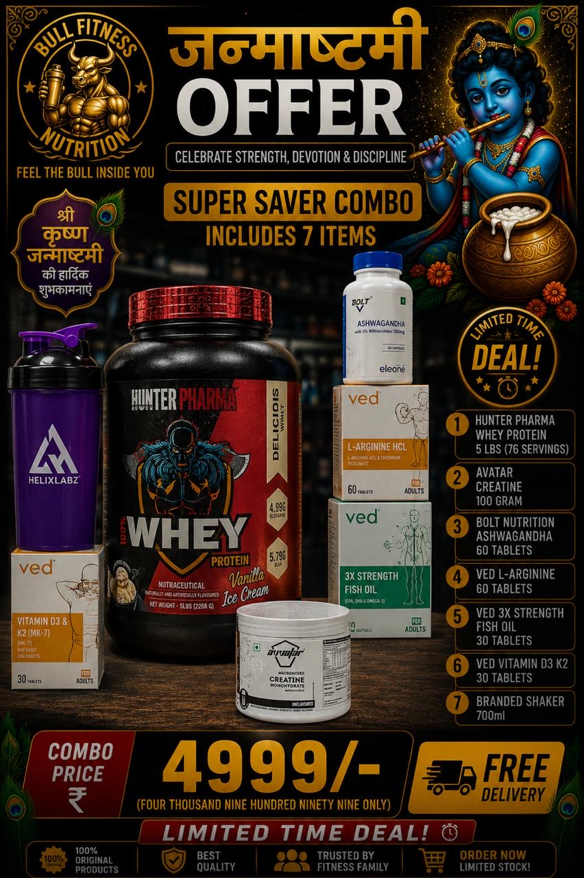 Hunter Pharma whey protein 5lbs +Avvtar creatine 100 gm combo+ l arginine 60 tab + triple omega 30 tab + d3 k2 30 tab + Ashwgandha 60 tab +shaker combo deal